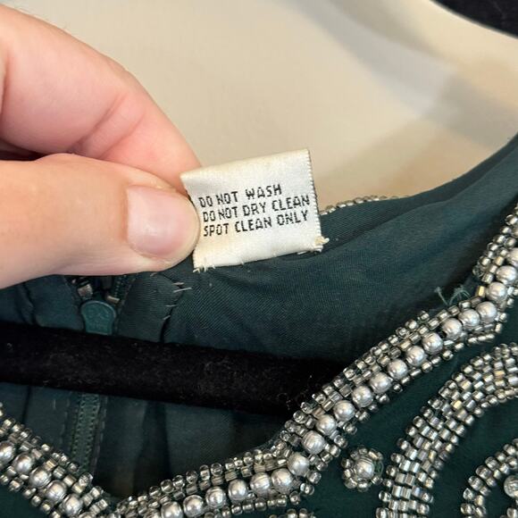 VTG 90s Laurence Kazar Beaded Prom Gown PS Green Silk Evening Formal Cocktail - Picture 9 of 11